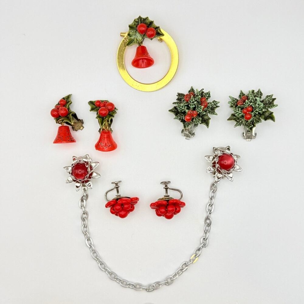 Vtg MCM Christmas Jewelry Lot of 5 Holly Berry Bell Brooch Earrings Sweater Clip